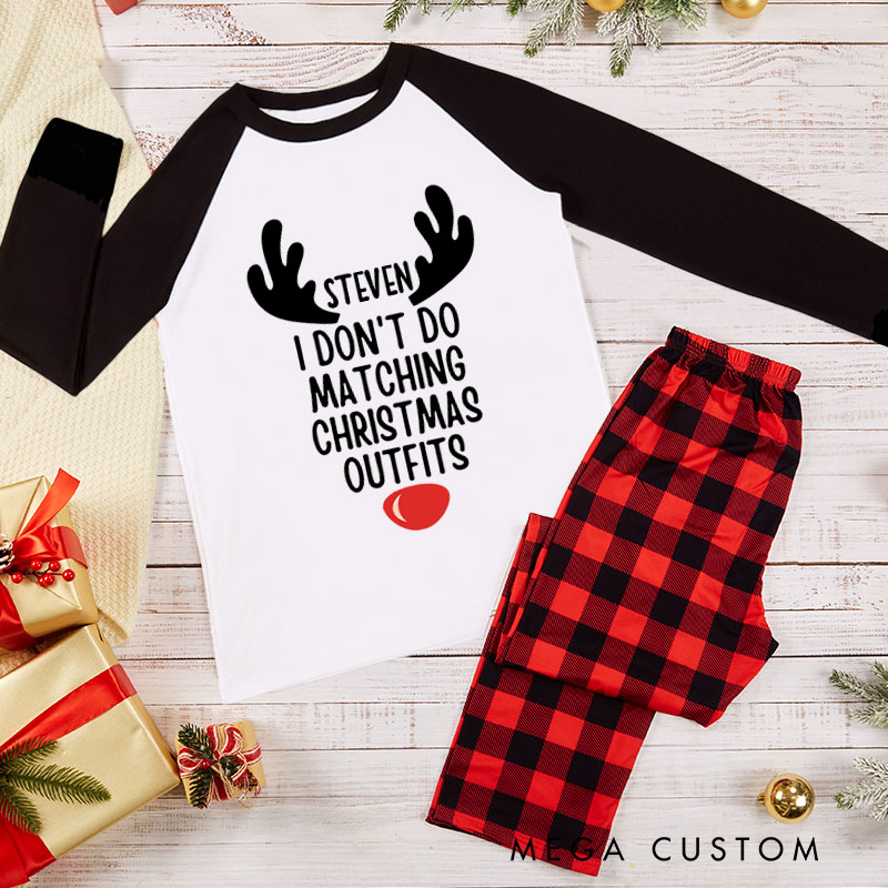 Personalized I Don't Do Matching Christmas Outfits But I Do with Antlers Pajamas Couple Christmas Matching Pjs for Husband Wife Boyfriend Girlfriend