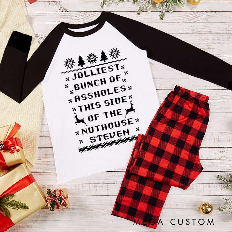 Personalized Couple Jolliest Bunch of Assholes This Side of the Nuthouse Xmas Pajamas Christmas Matching Pjs for Husband Wife Boyfriend Girlfriend