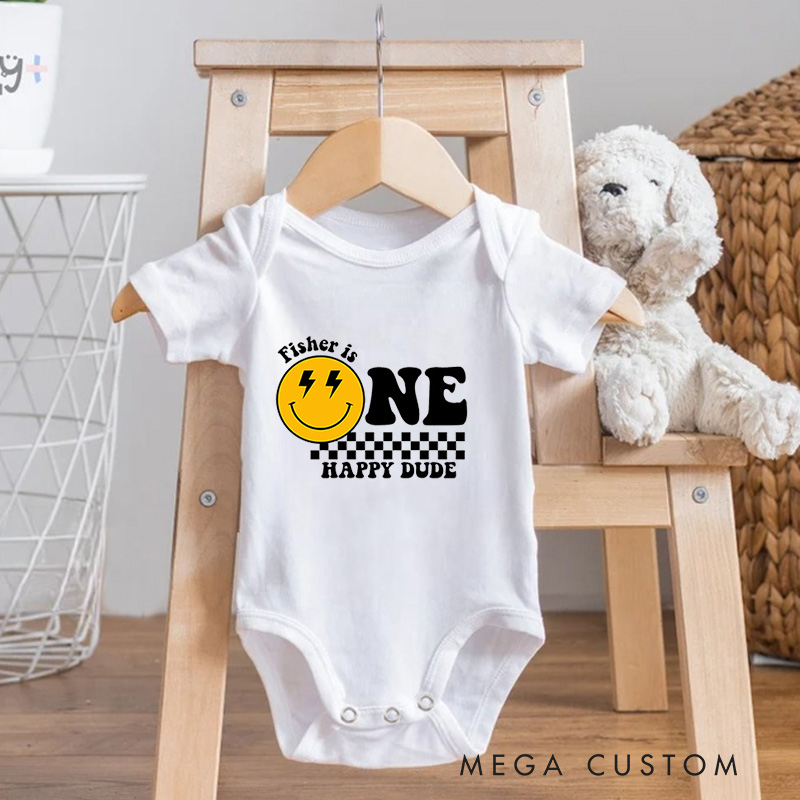 Personalized One Happy Dude Birthday Smiley Face Baby Onesie Birthday Gift for Baby