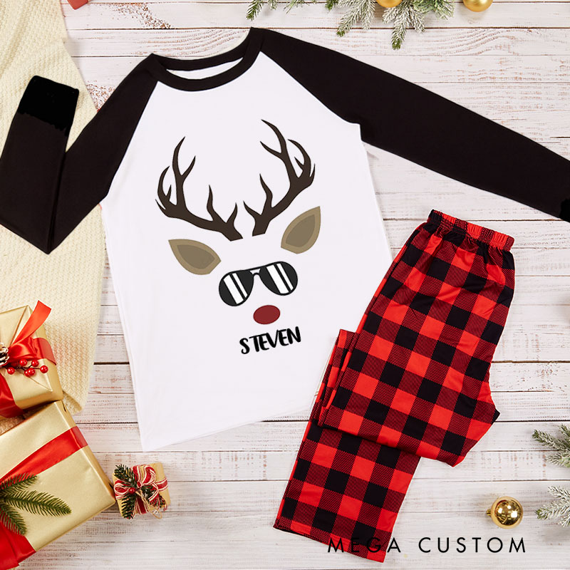 Personalized Couple Reindeer with Sunglasses Xmas Matching Pajamas Christmas Matching Pjs for Husband Wife Boyfriend Girlfriend