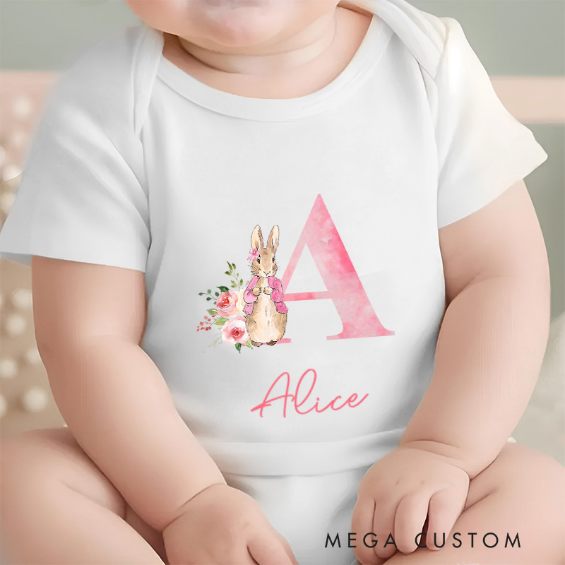 Personalized Pink Rabbit Initial Baby Onesie  New Girl Gift Coming Home Gift 