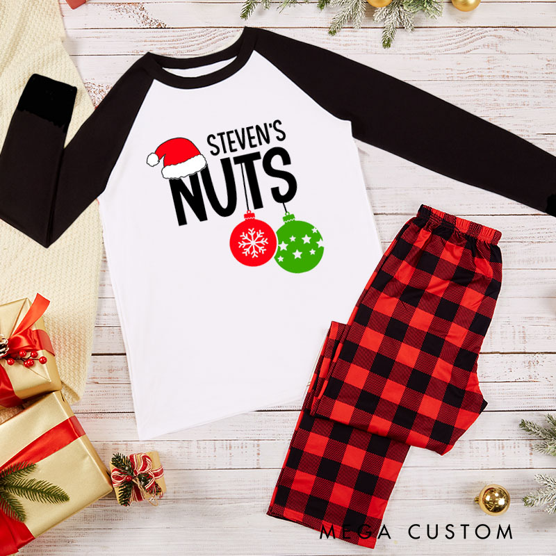 Personalized Funny Couple Nuts and Chest Xmas Matching Pajamas with Name Christmas Humor Matching Pjs for Husband Wife Boyfriend Girlfriend