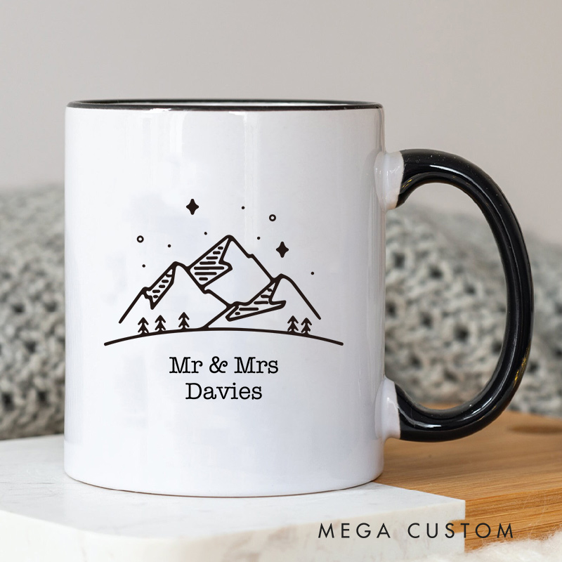 Personalized Mountain Adventure Wedding Mug Coffee Mug for Husband Wife Couple Ceramic Mug for Newlywed Couple Anniversary Gift