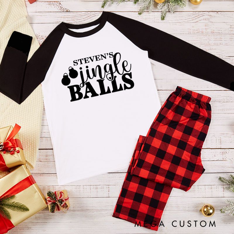 Personalized Minimalist Couple Jingle Balls and Tinsel Tits Xmas Pajamas with Name Christmas Matching Pjs for Husband Wife Boyfriend Girlfriend