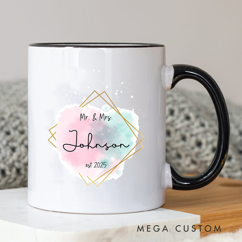 Personalized Mr. & Mrs. Watercolor Wedding  Mug Ceramic Coffee Mug for Newlywed Husband Wife Coffee Cup Couple Anniversary Cup