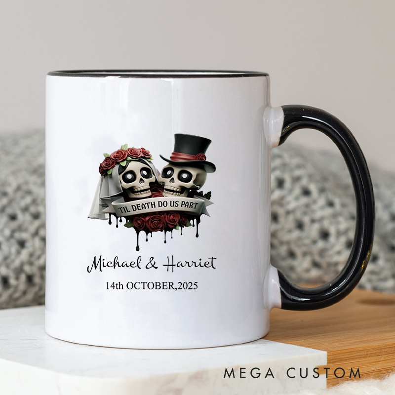 Personalized Couple Mug Til Death Do Us Part Wedding Mug Gothic Skeleton Groom Bride Mug Newlyweds Coffee Cup for Husband Wife