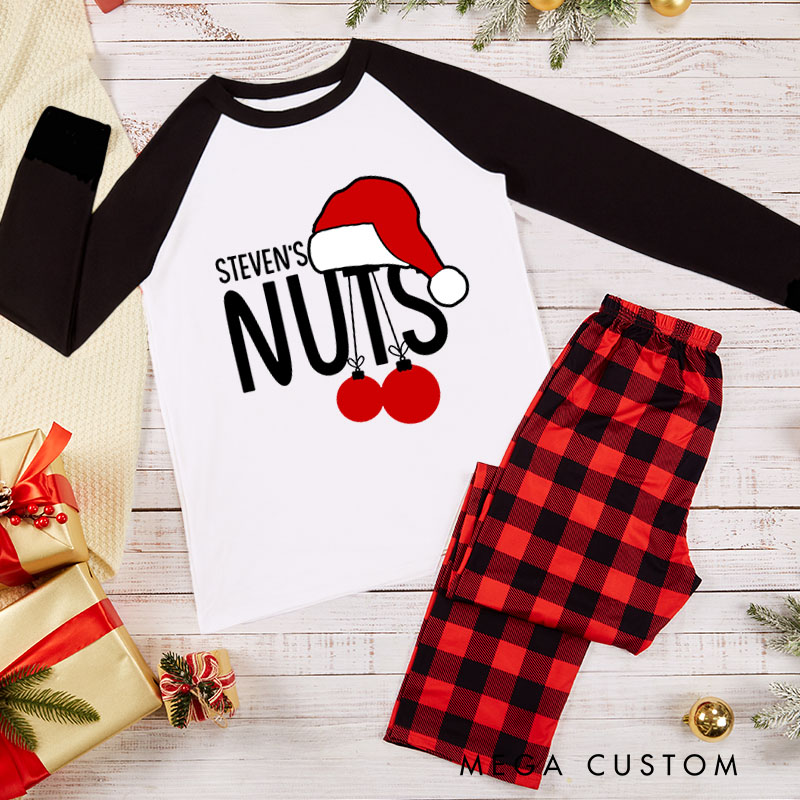 Personalized Cheeky Couple Christmas Nuts and Chest Xmas Pajamas with Name Christmas Matching Pjs for Husband Wife Boyfriend Girlfriend