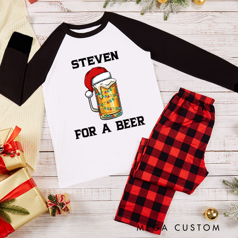 Personalized Couple For a Beer and It’s the Most Wonderful Time Xmas Pajamas Christmas Matching Pjs for Husband Wife Boyfriend Girlfriend