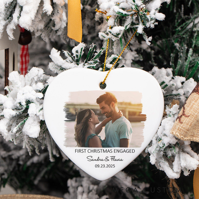 Personalized First Christmas Engaged Photo Ornament Couple Photo Ornament Couple Engagement Keepsake Gift Ornament with Name and Date