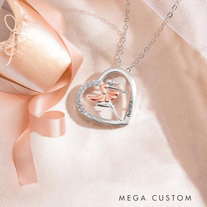 Personalized Ballet Dancing Girl Necklace with Zircon and Engraved Name Heart Pendant Jewelry Gift for Ballerina Dance Lover for Women Girls