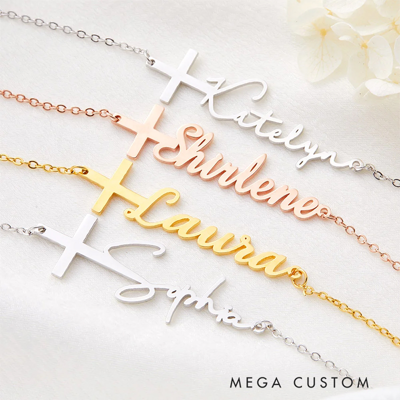 Personalized Dainty Cross Name Necklace with Drop-Shaped Birthstone Birthday Christian Baptism Gift for Her