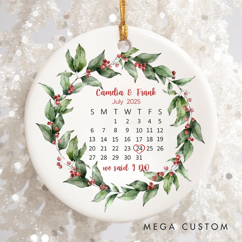 Personalized Wedding Date Calendar Ornament with Floral Wreath Christmas Ornament for Couple Husband Wife Xmas Decor Ornament