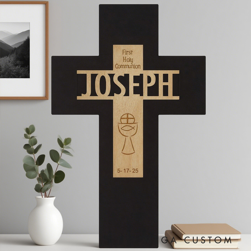 Personalized Sacrament Wooden Cross with Name and Wooden Base Home Decor Birthday Gift for Christians