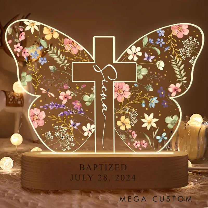 Personalized Butterfly Custom LED Night Light with Wooden Base Home Decor Baptism Gift for Christian