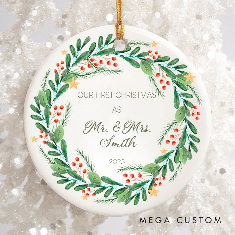 Personalized First Christmas as Mr and Mrs Ornament with Festive Wreath Couple Christmas Ornament for Husband Wife