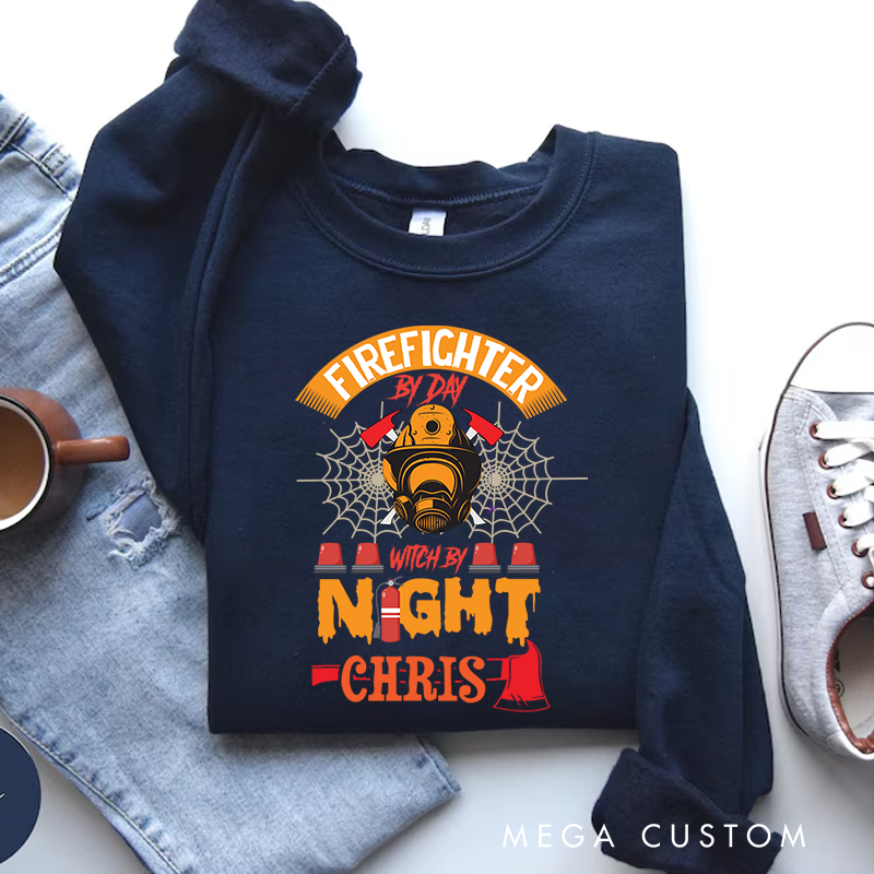Personalized Halloween Sweatshirt Firefighter by Day Witch by Night Theme Gift for Firefighter