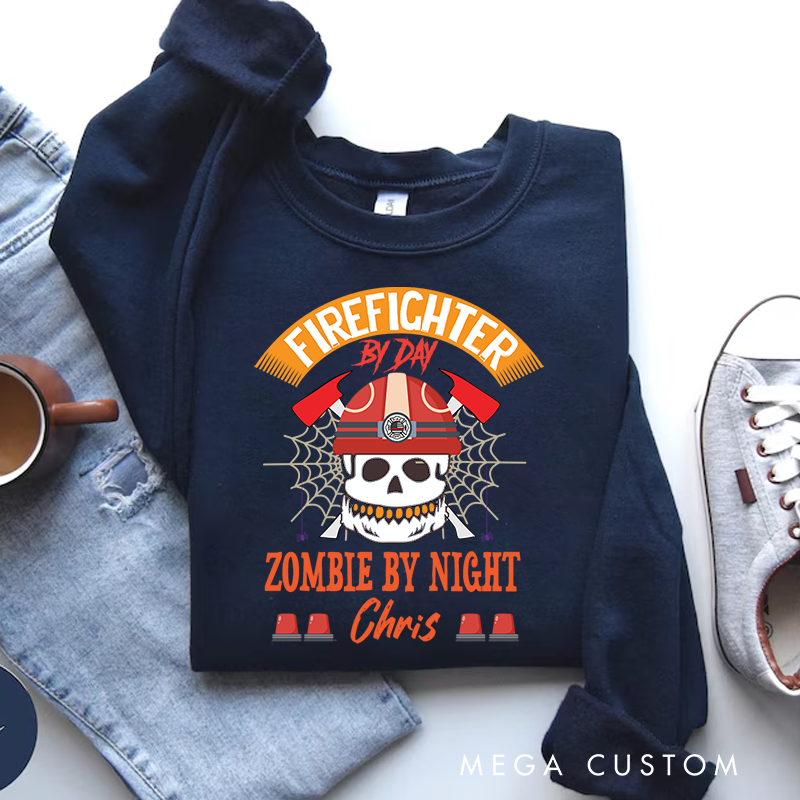Personalized Halloween Sweatshirt Firefighter by Day Zombie by Night Skull Theme Gift for Firefighter