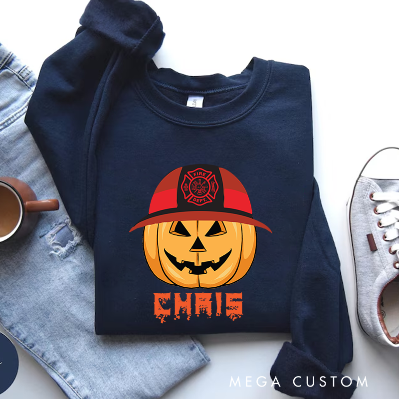 Personalized Fireman Halloween Sweatshirt Pumpkin with Firefighter Helmet Theme Gift