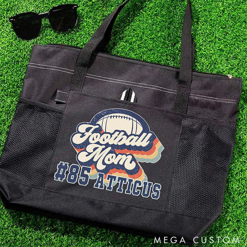 Personalized American Football Mom Tote Bag with Custom Name and Number