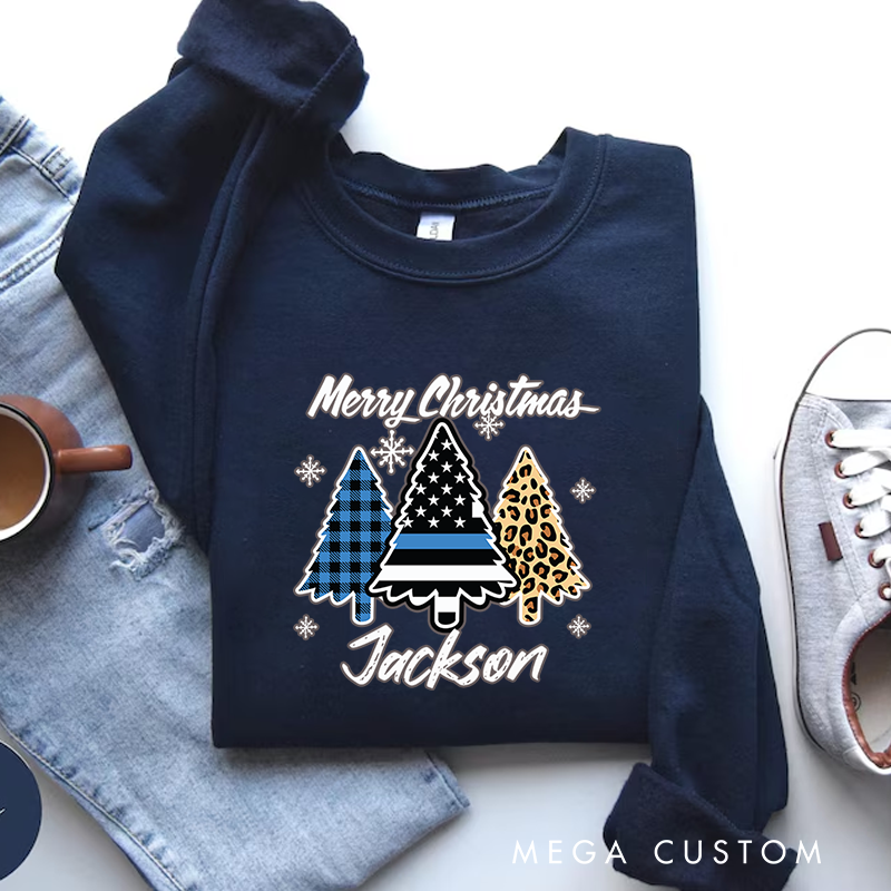 Personalized Thin Blue Line Christmas Sweatshirt Merry Christmas Gift for Police Officer