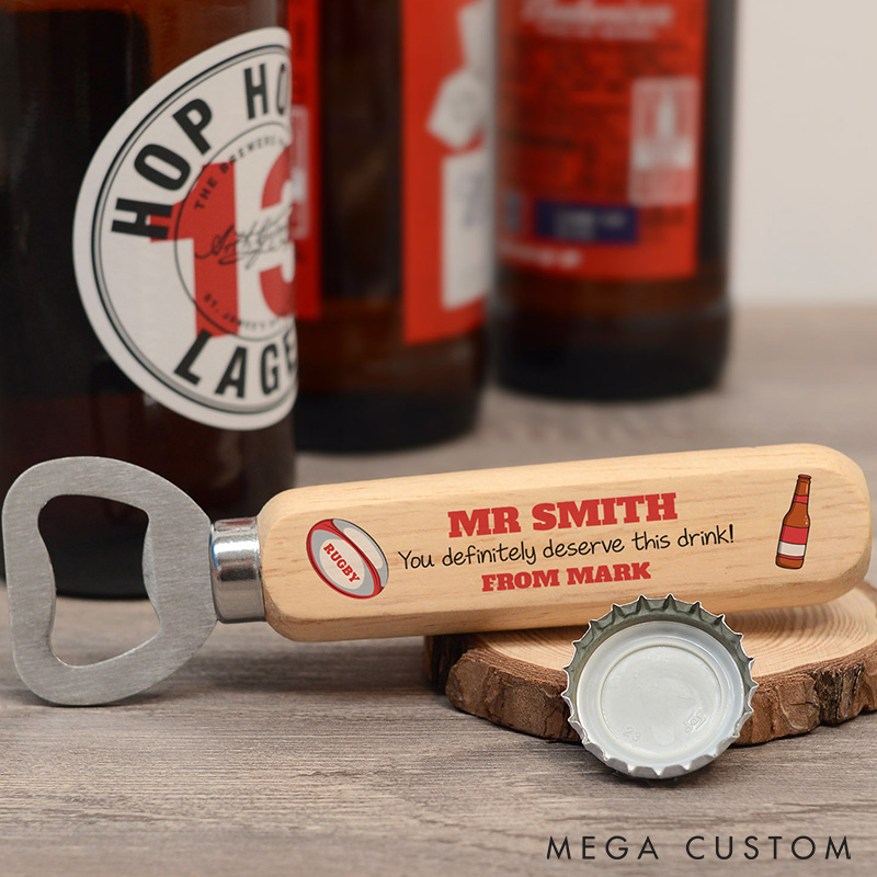 Personalized Rugby Bottle Opener with Custom Rugby Design and Message