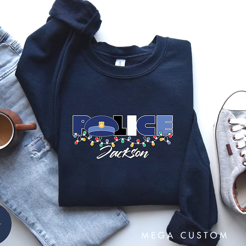 Personalized Police Christmas Sweatshirt with Festive String Lights Gift for Police Officer