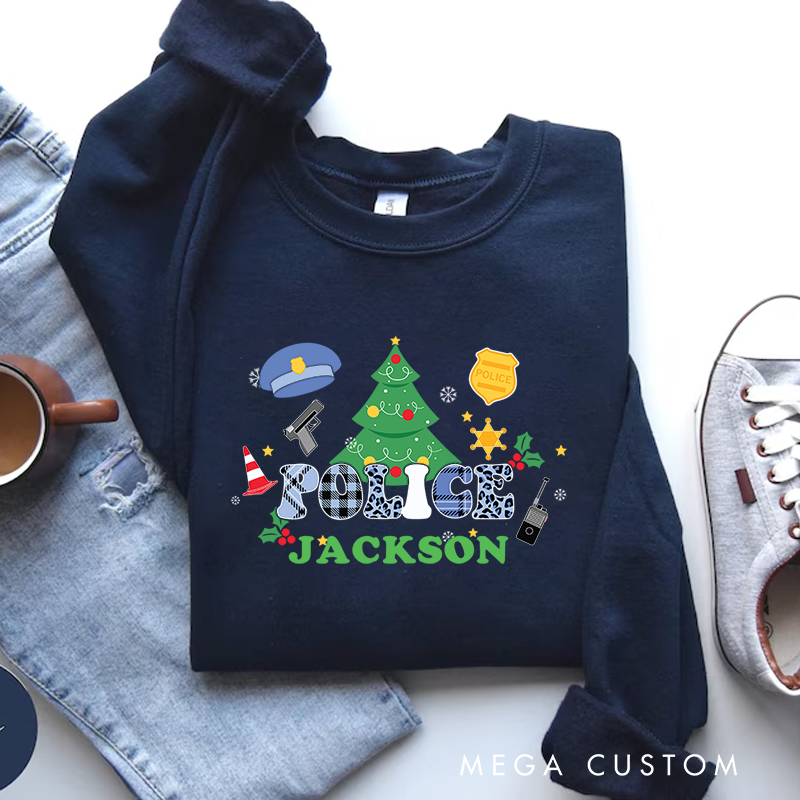 Personalized Police Christmas Sweatshirt with Tree and Festive Decorations Gift for Police Officer