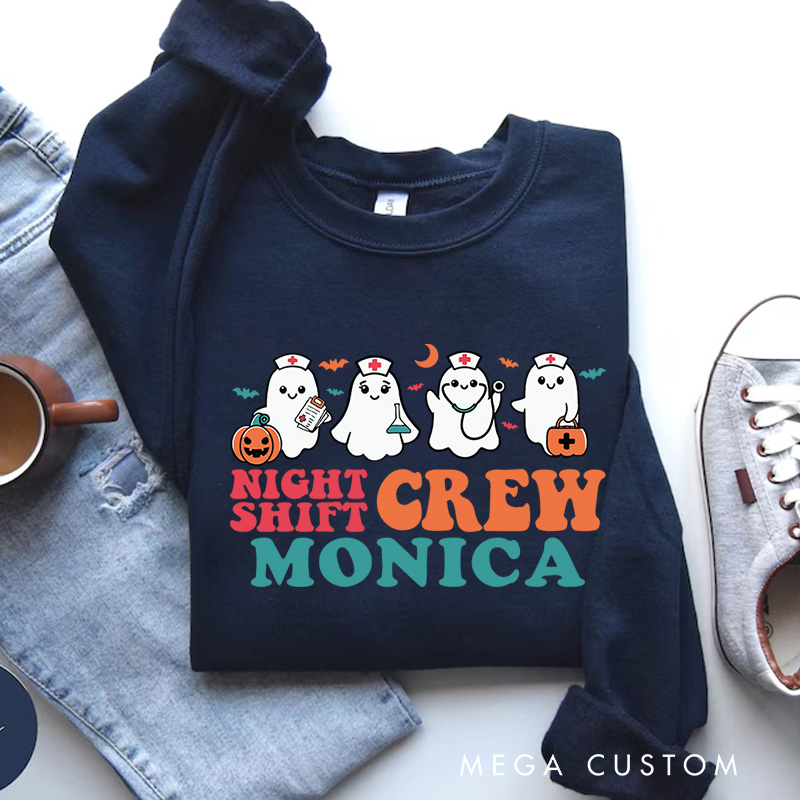 Personalized Nurse Halloween Sweatshirt Customized Night Shift Crew Design Sweatshirt Nurse Halloween Gifts
