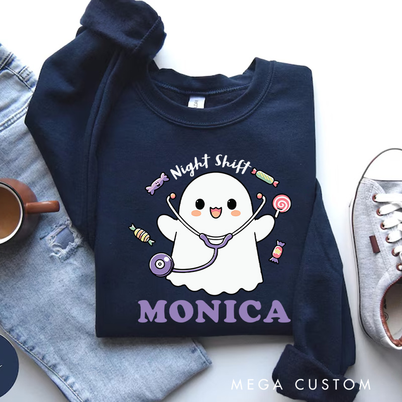 Personalized Nurse Halloween Sweatshirt Customized Night Shift Ghost Design Sweatshirt Nurse Halloween Gifts