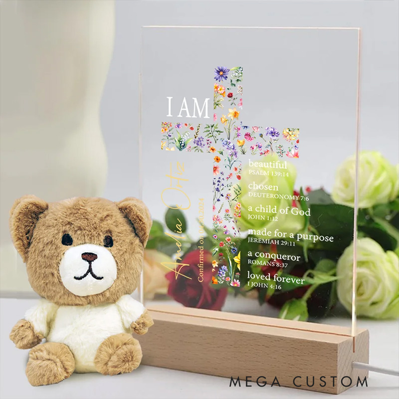 Personalized Floral Cross Bible Verse Name LED Night Light with Wood Base Religious Gift Baptism Gift for Girls