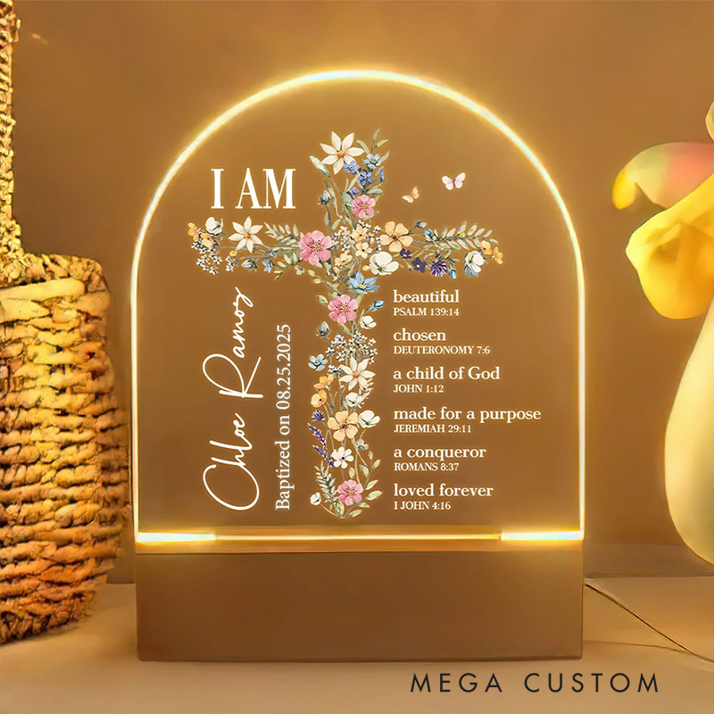 Personalized Bible Verse Floral Cross Name LED Night Light with Wooden Base Home Decoration Baptism Gift for Girls