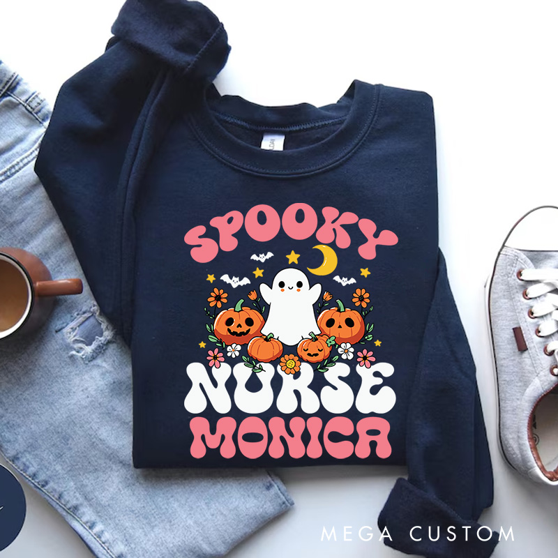 Personalized Nurse Halloween Sweatshirt Customized Spooky Nurse Design Sweatshirt Nurse Halloween Gifts