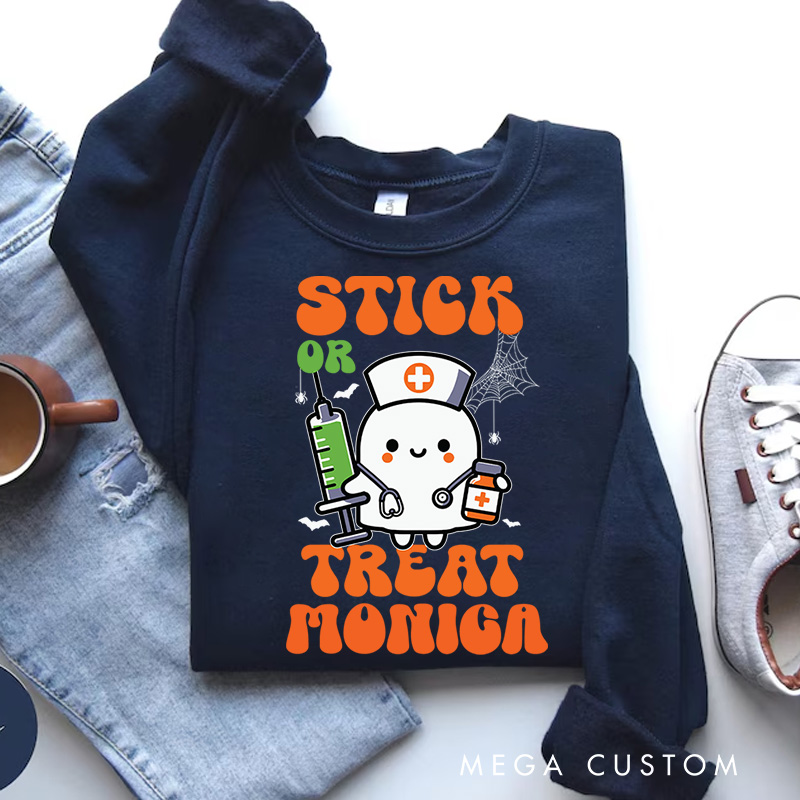 Personalized Nurse Halloween Sweatshirt Customized Stick or Treat Design Sweatshirt Nurse Halloween Gifts
