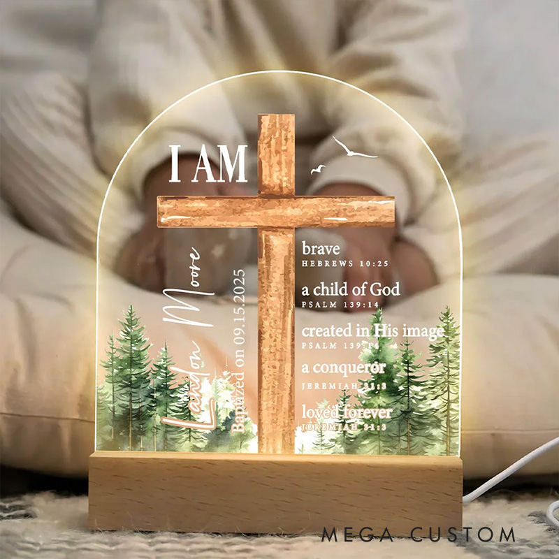 Personalized Bible Verse Cross LED Night Light with Wood Base Baptism Gift with Name Religious Gift for Boys