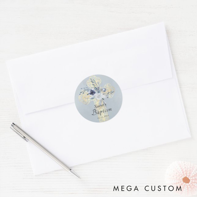 Personalized Floral Cross Classic Round Sticker with Name and Date Religious Gift Baptism Gift for Girls