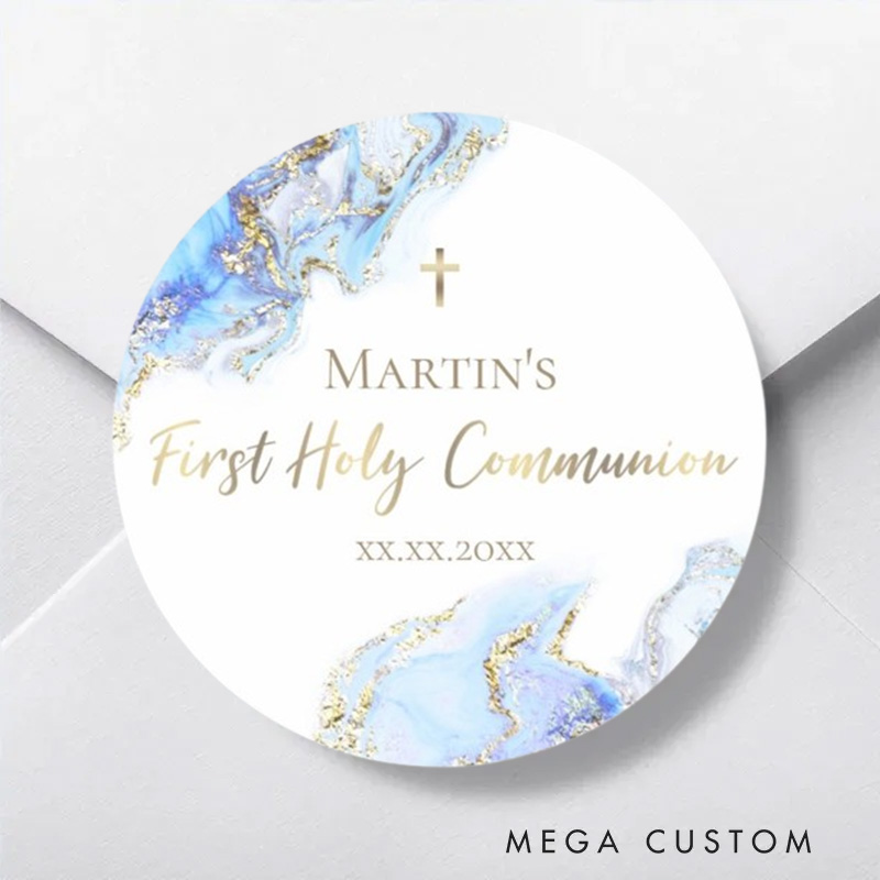 Personalized Blue Ink Marble with Cross Classic Round Sticker with Name and Date Religious Gift First Holy Communion Gift for Boys