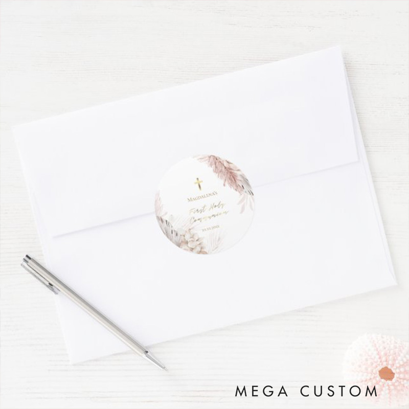 Personalized Boho Flowers with Cross Classic Round Sticker with Name and Date Religious Gift First Holy Communion Gift for Girls