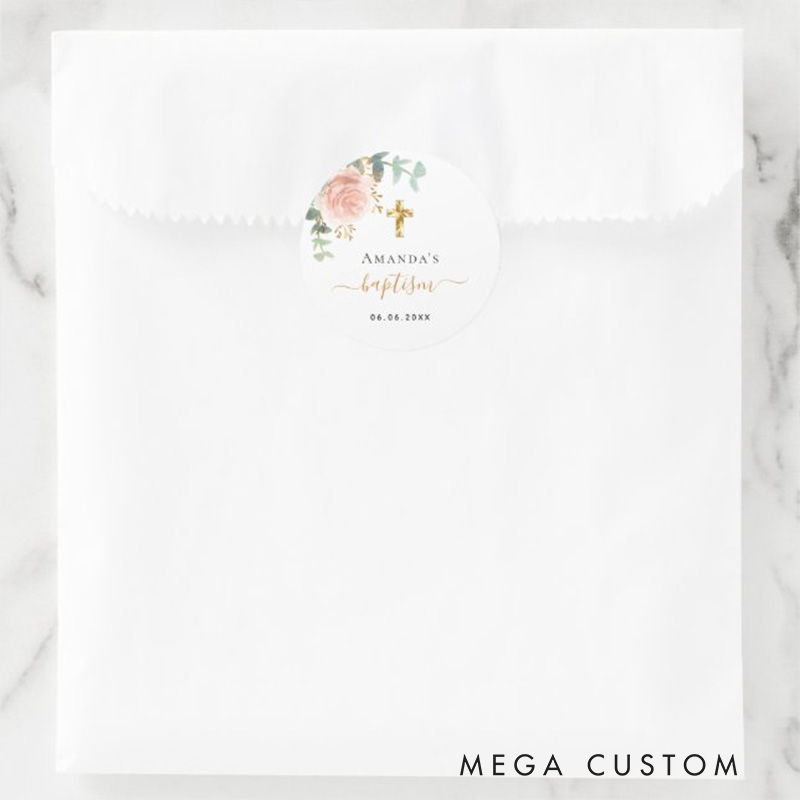 Personalized Eucalyptus Pink Floral with Cross Classic Round Sticker with Name and Date Religious Gift Baptism Gift for Girls