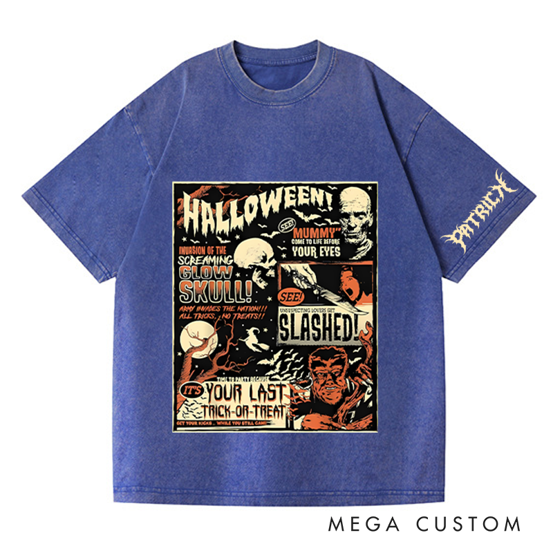 Personalized Halloween Poster Washed T-Shirts Horror Skeleton Tshirt for Movie Lovers