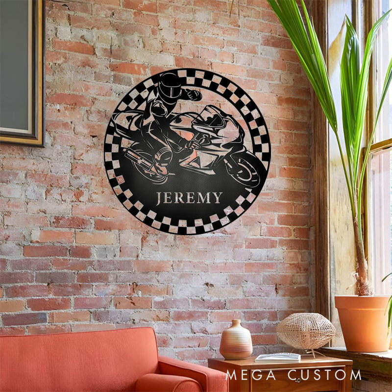 Personalized Motorcycle Racing Metal Sign Custom Name Round Wall Art Biker Garage Decor Gift for Racers and Motorcycle Lovers