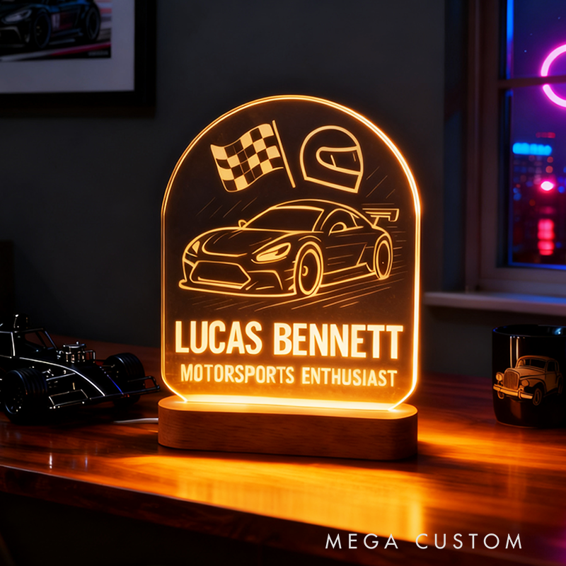 Personalized Night Light Custom LED Lamp with Check Flag Design Unique Gift for Racers and Racing Lovers