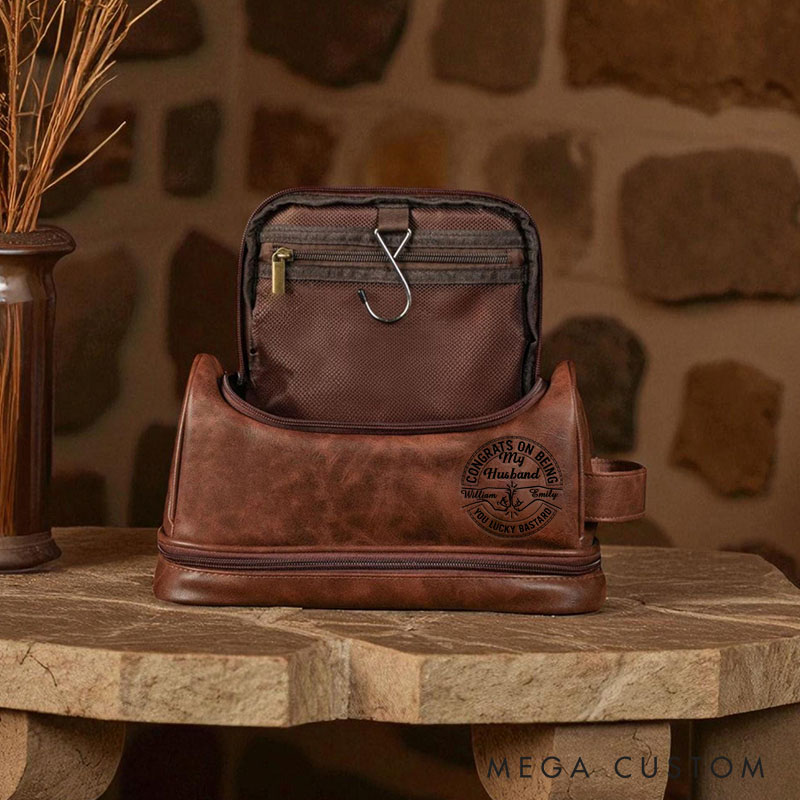 Personalized Leather Toiletry Bag Congrats On Being My Husband Custom Mens Shaving Kit Bag for Boyfriend Valentines Gift Dopp Kit for Him