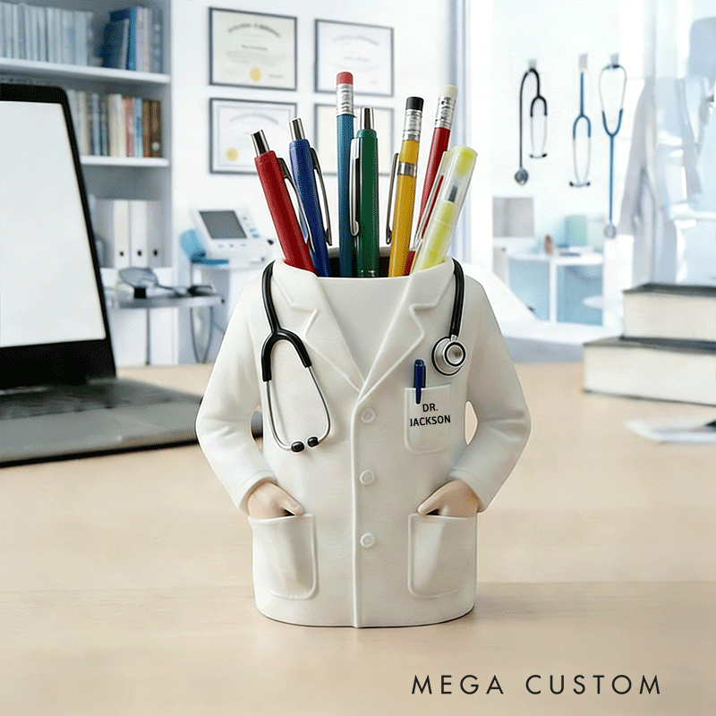 Personalized Doctor Coat Pencil Holder Custom Name Medical Desk Organizer 3D Printed Gift for Doctors Nurses and Med Students