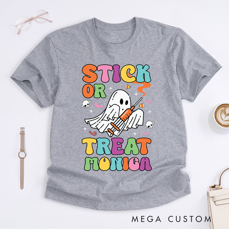 Personalized Nurse T-Shirts Stick or Treat Fashion Design T-Shirts Nurse Halloween Gifts