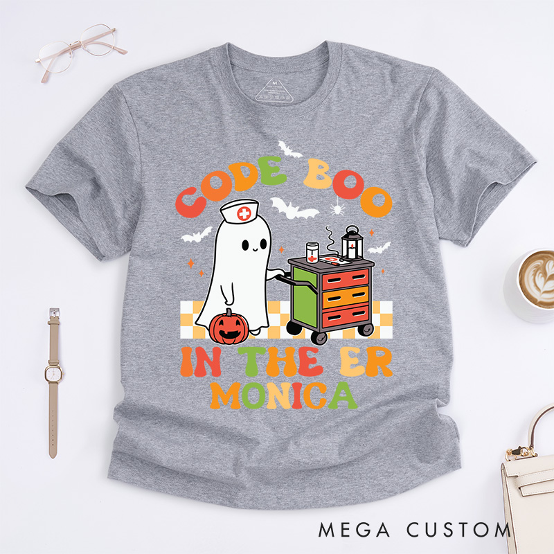 Personalized Nurse T-Shirts Code Boo in the ER Fashion Design T-Shirts Nurse Halloween Gifts