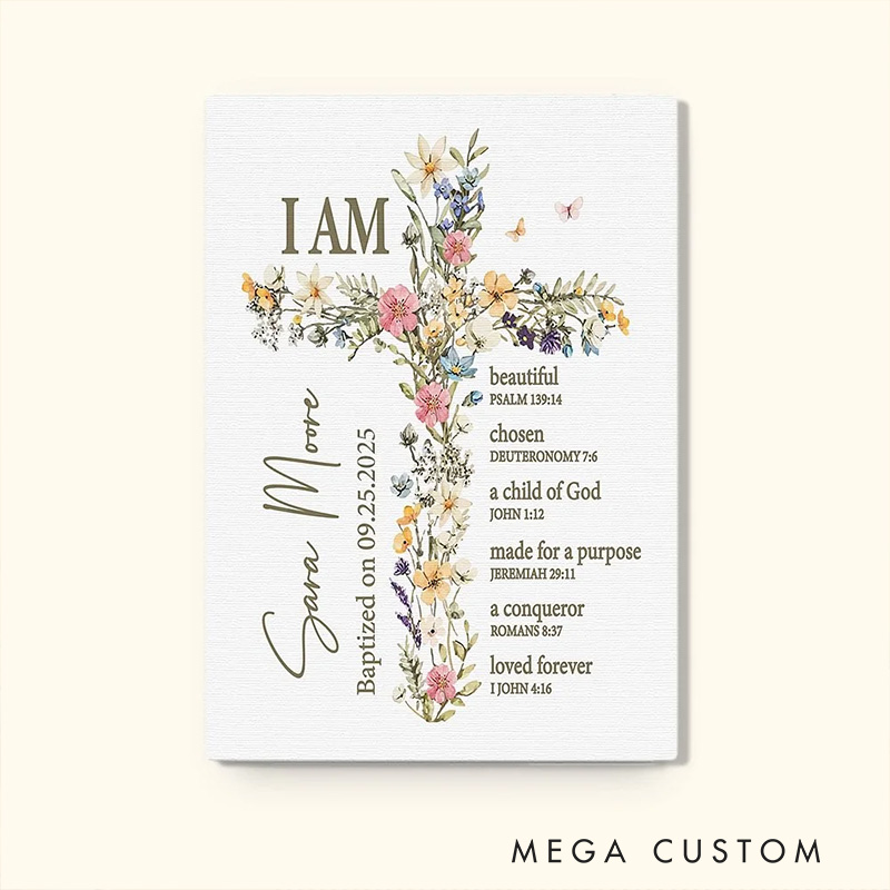 Personalized Floral Cross Bible Verse Frameless Canvas Painting with Name Religious Wall Decor Christening Baptism Gift for Girls