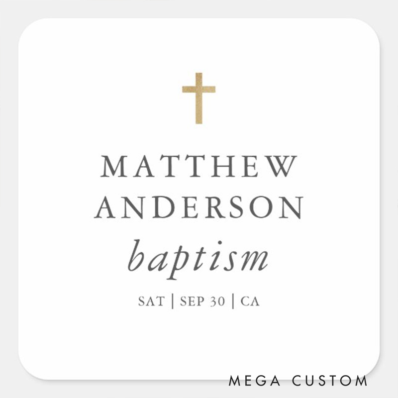 Personalized Simple Modern Elegant Cross Classic Square Sticker with Name and Date Religious Gift Baptism Gift