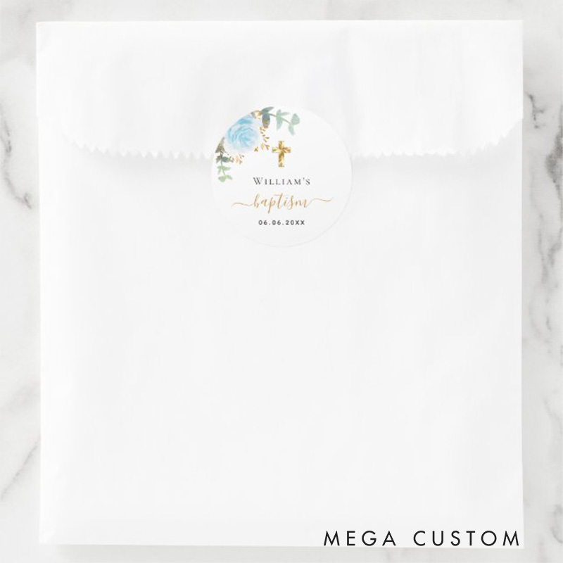 Personalized Eucalyptus Greenery Blue Floral Classic Round Sticker with Name and Date Religious Gift Baptism Gift