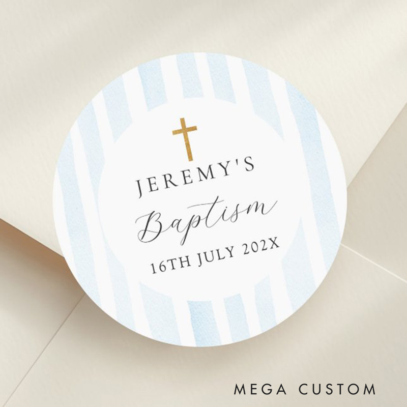 Personalized Blue Watercolor Stripes Classic Round Sticker with Name and Date Religious Gift Baptism Christening Gift for Boys