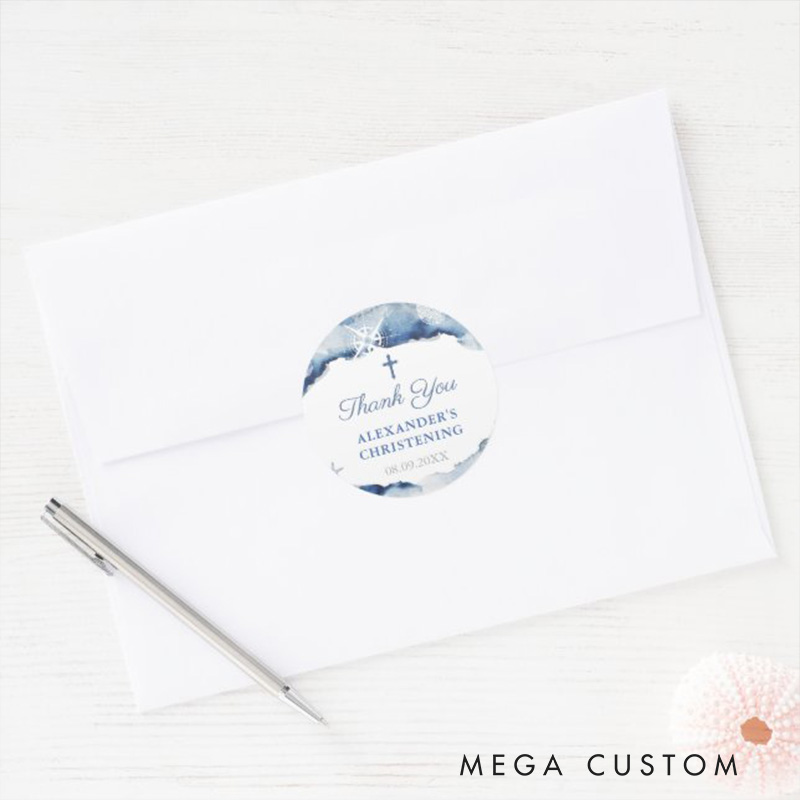 Personalized Navy Blue Nautical Thank you with Cross Classic Round Sticker with Name and Date Religious Gift Baptism Christening Gift for Boys